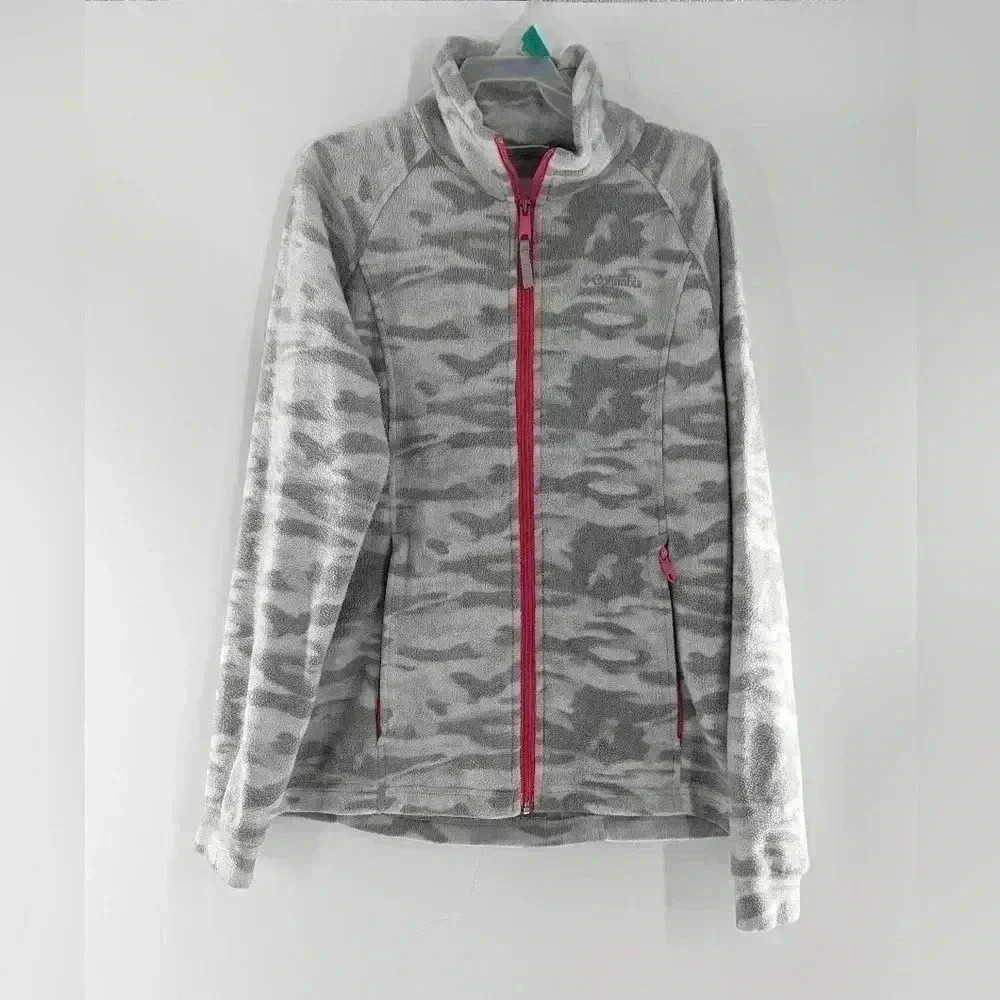 Columbia Girls 14/16 Fleece Zip Up Gray Camouflage Great Condition